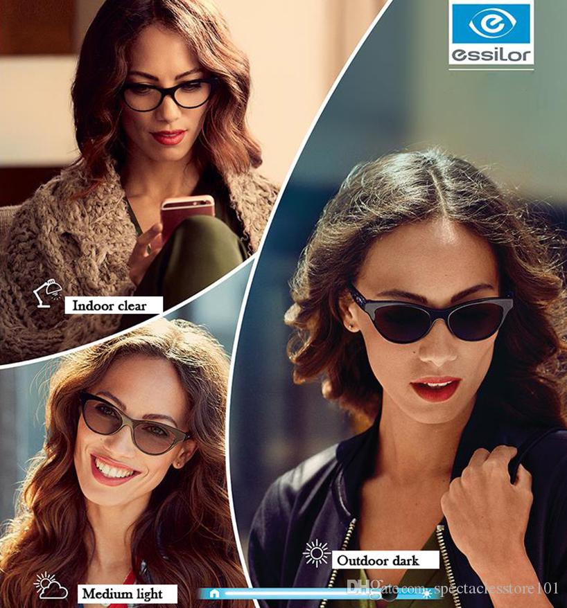 An advertisement demonstrating the Transitions lenses in three states of transition - indoor clear, medium light, and outdoor dark