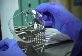 An employee wearing purple medical gloves works with an eyeglass lens and a tool
