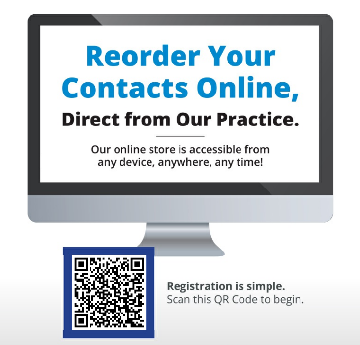 A notice that patients can reorder contacts online and a QR code. The URL is also provided below this image.