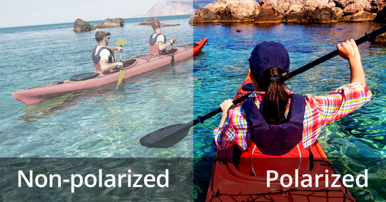 A scene with people in kayaks with an overlay demonstrating the difference between washed-out non-polarized lenses and bright polarized lenses