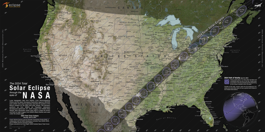 A map of the United States with the path of eclipse totality marked. 